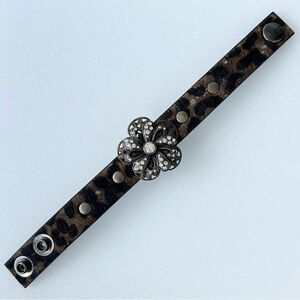Vintage Leather Bracelet 7” to 8” Leopard Print Design with Flower RHINESTONES
